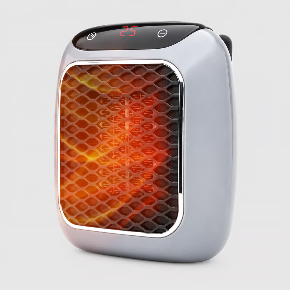RapidHeat Heater, a compact silver plug-in ceramic heater with a glowing front grille and digital display